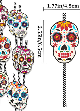 24Pcs Skull Paper Drinking Straw Cocktail Juice Disposable Straws Tableware for Mexican Day of The Dead Halloween Party Decor - Riparo82