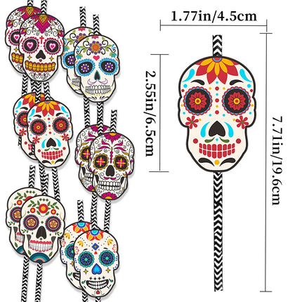 24Pcs Skull Paper Drinking Straw Cocktail Juice Disposable Straws Tableware for Mexican Day of The Dead Halloween Party Decor