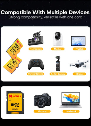 KODAK Scheda di memoria Micro SD 32GB 64GB 128GB 256GB U3 4K Scheda Microsd TF di grande capacità per telefono Fotocamera Tablet PC Telefono