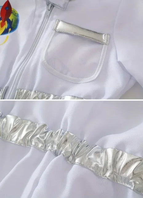 Costume da astronauta americano per bambini, costume da astronauta, stampa deluxe, cartone animato, bianco, tuta, gioco di ruolo di Halloween, guanti da avventura, set di cappelli