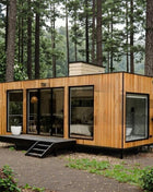 Rivestimento in legno Contenitore Casa Grandi finestre di vetro Cabina modulare prefabbricata Soggiorno all'aperto Casa Vacanza Casa Soggiorno in famiglia Prendisole