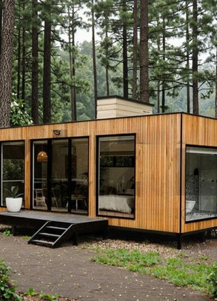 Rivestimento in legno Contenitore Casa Grandi finestre di vetro Cabina modulare prefabbricata Soggiorno all'aperto Casa Vacanza Casa Soggiorno in famiglia Prendisole