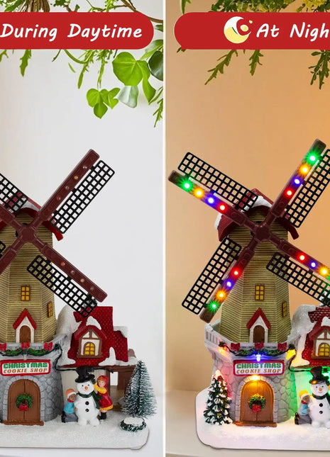 Decorazione del villaggio del mulino a vento di Natale invernale animato Scena da costruzione da collezione pre-illuminata Tavolo musicale per le vacanze al coperto Ornamento per la casa