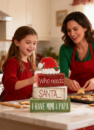 4 pezzi di cappello da Babbo Natale in legno, decorazioni da tavolo, vassoi a più livelli, decorazioni rustiche per il centro del tavolo di Natale con cartelli a blocchi, decorazioni natalizie - riparo82