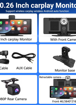11.26 inch IPS Touch Screen Multimedia Video Player Portable 4K DVR Wireless CarPlay/Android Auto Dual Lens Driving Recorder - Riparo82