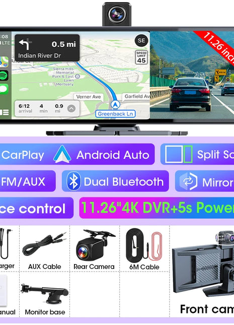 11.26 inch Dash Cam Car DVR 4K Camera Wireless Carplay Android Auto Touch Screen Dual Len Video Recorder Dashboard BT FM AUX GPS - Riparo82