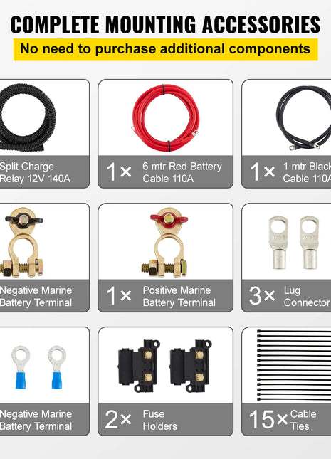 VEVOR Split Charge Relay Kit Voltage Sense Relay Professional 12V 140AMP W/ 2/4/5/6 mtr Battery Cable for ATVs UTVs RVs Camping - Riparo82