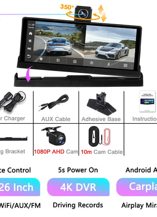 10.26" Carplay Screen Rearview Mirror Dash Cam Android Auto 4K 3840*2160P WIFI BT GPS Navigation Video Recorder Car DVR Camera - Riparo82