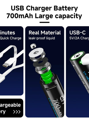 Batteria ricaricabile da dito USB 3.7V 700mAh 14500 AA con porta di ricarica rapida di tipo C per torcia a LED giocattoli lampada frontale per mouse - riparo82