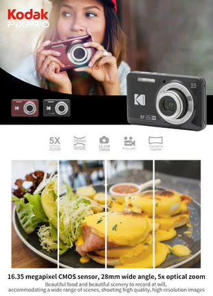 KODAK PIXPRO FZ55-RD Fotocamera digitale da 16 MP Zoom ottico 5X 28 mm Grandangolo 1080P Video Full HD Telecamera per vlogging LCD da 2,7"