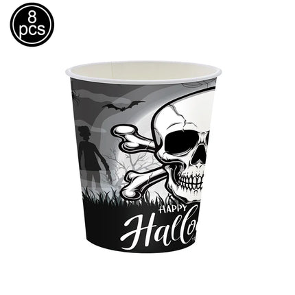 Halloween Theme Disposable Tableware Paper Plates Cups Straws Tablecloth Banner Spiral Cake Topper Happy Halloween Party Decor
