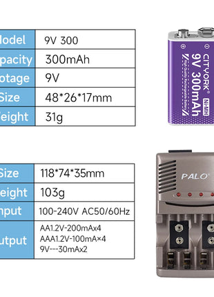 Batteria ricaricabile PALO 6F22 9V Ni-MH Batterie 9 V 300mAh Batteria da 9 volt a bassa autoscarica a 9 volt con caricabatterie intelligente - riparo82