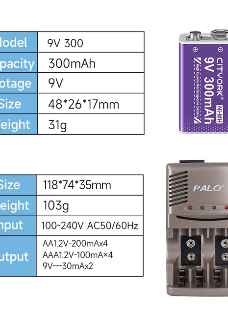 Batteria ricaricabile PALO 6F22 9V Ni-MH Batterie 9 V 300mAh Batteria da 9 volt a bassa autoscarica a 9 volt con caricabatterie intelligente - riparo82