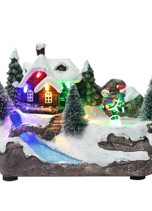 Ornamento per la casa di Natale illuminato a LED, arredamento del villaggio europeo con design musicale e fiocco di neve, decorazione da tavolo delle fiabe invernali