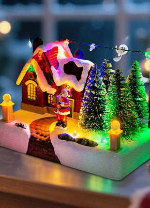 Scena del villaggio di Natale Edificio da collezione con luci Alberi Babbo Natale Città di neve Decorazione del paesaggio Camino da scrivania per la casa delle vacanze