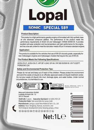 Lopal SONIC 589 0W-20 C5 Per VW 508/509 SP 1L * 6 Bottiglie Olio Motore Auto Protezione Avanzata 6L Lubrificante Olio Motore Sintetico Completo