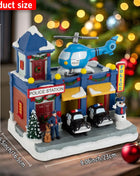 Stazione di polizia animata del villaggio di Natale, musicale illuminato con auto in movimento e elicottero rotante, edificio da collezione per le vacanze