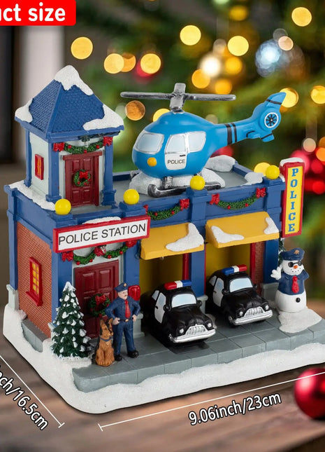 Stazione di polizia animata del villaggio di Natale, musicale illuminato con auto in movimento e elicottero rotante, edificio da collezione per le vacanze