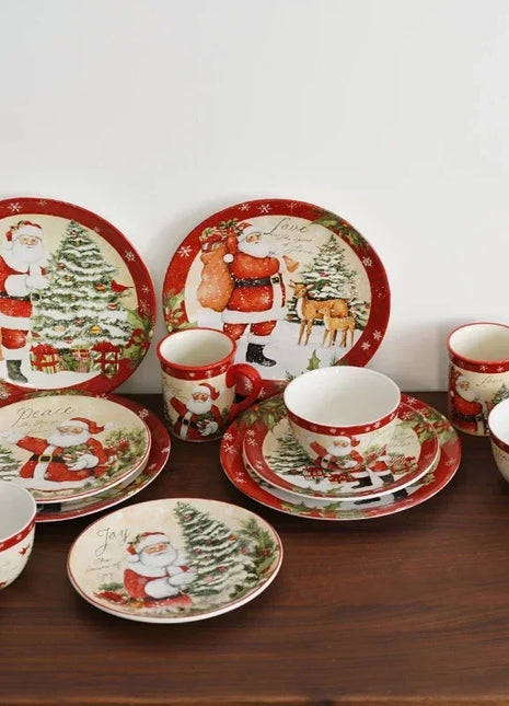 Piatti in ceramica a tema natalizio Set di stoviglie per la cena Colore Sottosmalto Processo Caffè Zuppa Tazza Ciotola Piatto da bistecca di Babbo Natale - riparo82