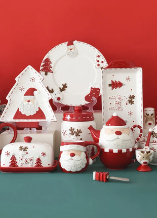 Set di piatti di Babbo Natale dipinti a mano nordici Set di stoviglie per tazze d'acqua con teiera sigillata in ceramica a rilievo rosso - riparo82