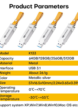 Kodak K133 Chiavetta USB 3.1 64 GB 128 GB 256 GB 512 GB Velocità di lettura 120 MB/s Corpo in metallo Fascia in pelle USB3.1 Pen Drive per PC e HD-TV