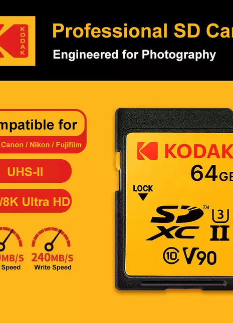 Scheda SD Kodak V90/V60/V30 Scheda di memoria per fotocamera professionale Velocità di lettura fino a 280 MB/s 128 GB 256 GB 512 GB SDXC UHS II Supporto 4K 8K