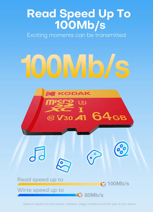 Scheda Micro SD Kodak V30 U3 C10 Scheda di memoria Flash da 32 GB 64 GB 128 GB 256 GB, velocità di lettura 100 MB/s, con adattatore, per fotocamera e telefono