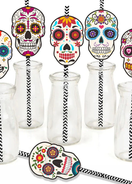 24Pcs Skull Paper Drinking Straw Cocktail Juice Disposable Straws Tableware for Mexican Day of The Dead Halloween Party Decor - Riparo82