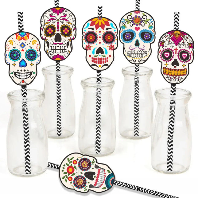 24Pcs Skull Paper Drinking Straw Cocktail Juice Disposable Straws Tableware for Mexican Day of The Dead Halloween Party Decor