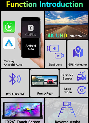 10.26" Carplay Screen Rearview Mirror Dash Cam Android Auto 4K 3840*2160P WIFI BT GPS Navigation Video Recorder Car DVR Camera - Riparo82