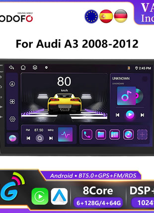 Podofo 6+128G Android 2Din Autoradio for Audi A3 2008-2012 Wireless CarPlay 9" IPS Screen Car Radio GPS Navigation Stereo Wifi - Riparo82
