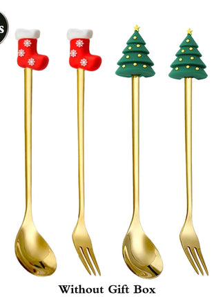 Cucchiaini da caffè e forchette per torte con decorazioni natalizie da 4 pezzi con ornamenti per bambole di Natale, set di posate in metallo dorato, forniture per feste - riparo82