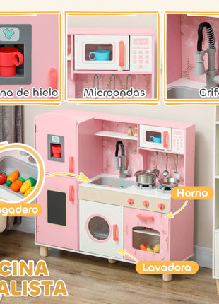 Aiyaplay Cucina giocattolo per bambini + Cucina per bambini in legno di 3 anni Cucina per bambini con stufa sonora Forno Rubinetto Lavello Lavatrice a microonde Macchina per il ghiaccio e accessori da cucina Rosa - riparo82