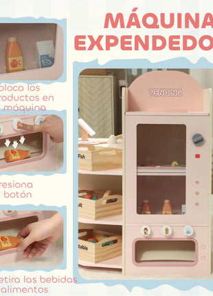 Aiyaplay Supermercato giocattolo in legno con distributore automatico registratore di cassa 3 ripiani aperti 4 scomparti Rosa - riparo82