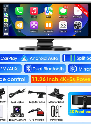 11.26 inch Dash Cam 4K Car DVR Wireless Carplay & Android Auto GPS Navigation Video Recorder Dashboard Dual Lens Wifi FM AUX - Riparo82