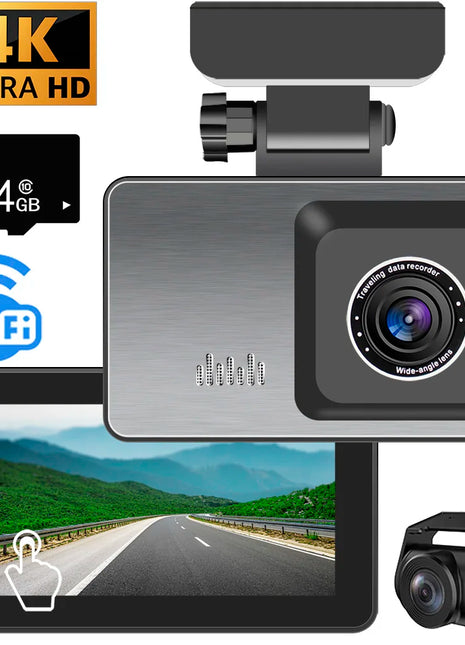 DashCam 4K for car Camera Front and Rear DVR with Reversing Touch Screen 24h Parking G-sensor with 64GB Card - Riparo82