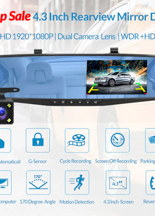 Dash Cam 4.3 inch "mini rear-view mirror digital dashcam, front and rear dual cameras IPS Front and Rear Camera Registrar Black - Riparo82