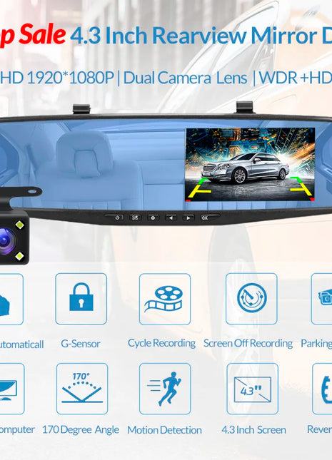 Dash Cam 4.3 inch "mini rear-view mirror digital dashcam, front and rear dual cameras IPS Front and Rear Camera Registrar Black - Riparo82