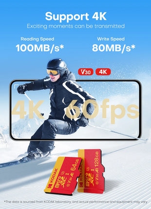Scheda Micro SD Kodak V30 U3 C10 Scheda di memoria Flash da 32 GB 64 GB 128 GB 256 GB, velocità di lettura 100 MB/s, con adattatore, per fotocamera e telefono