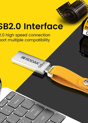 Chiavetta USB 2.0 KODAK 128 GB 64 GB Pendrive 32 GB Chiavetta di memoria in metallo con cinturino in pelle Penna Chiavetta USB per Micro PC