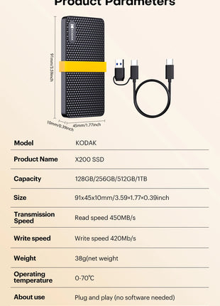 KODAK X200 Disco rigido SSD esterno USB3.1 Type-C Mini SSD portatile 256B 512GB 1TB per laptop Smartphone PS4 PC TV