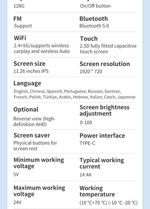11.26 inch IPS Touch Screen Multimedia Video Player Portable 4K DVR Wireless CarPlay/Android Auto Dual Lens Driving Recorder - Riparo82