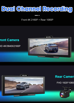 11.26 Inch 4K DVR Wireless CarPlay & Android Auto Dash Cam Bluetooth Audio GPS Navigation Dashboard Dual Lens Video Recorder - Riparo82