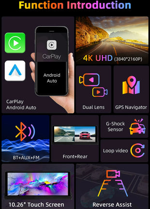 10.26" 4K Dash Cam Carplay Android Auto GPS 5G WIFI FM BT Car Dvr 350 ° Rotation Dual Lens Dashcam Truck Camera Drive Recorder - Riparo82