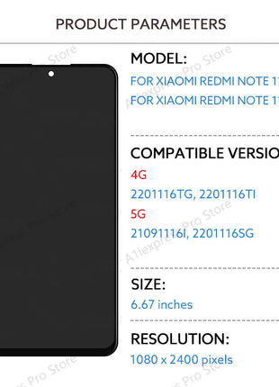 Schermo LCD per Xiaomi Redmi Note 11 Pro 4G 5G Touch Screen Digitizer Assembly 2201116 TG 2201116 TI 21091116 I 2201116 SG - riparo82