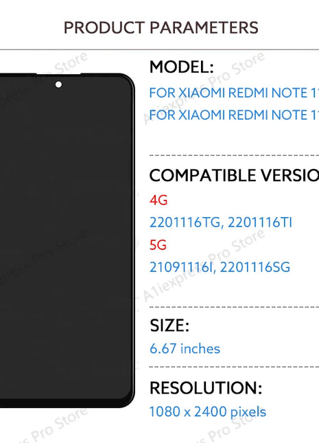 Schermo LCD per Xiaomi Redmi Note 11 Pro 4G 5G Touch Screen Digitizer Assembly 2201116 TG 2201116 TI 21091116 I 2201116 SG - riparo82