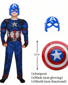 Costume da tuta muscolare Capitan America Costume da supereroe Maschera cosplay Tuta Scudo Costume da festa di carnevale di Halloween per bambini