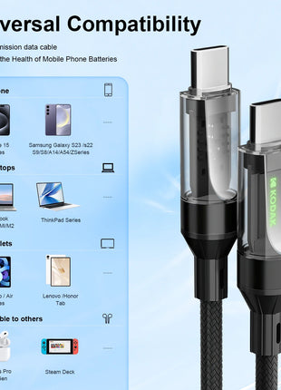 Kodak 60W PD nylon trasparente con cavo dati di tipo C a ricarica rapida leggero Cavo di ricarica rapida Apple Samsung Xiaomi