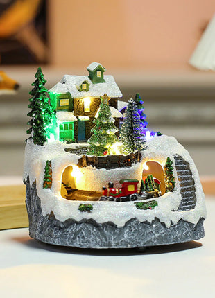 Figurine da collezione in resina Musica LED leggera Figurine di villaggio di Natale Statua rotante del villaggio per il regalo di decorazioni per la casa di Natale