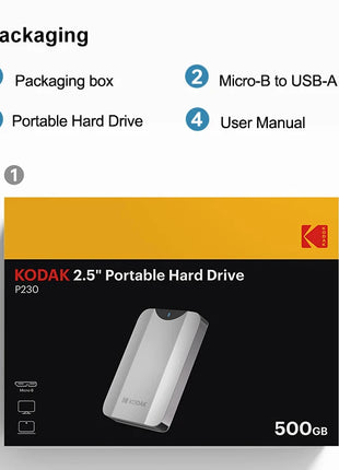 KODAK P230 HDD portatile da 2,5 pollici Disco rigido esterno da 1 TB Disco rigido esterno da 5 Gbps HDD per PS4/PS5/Laptop Desktop